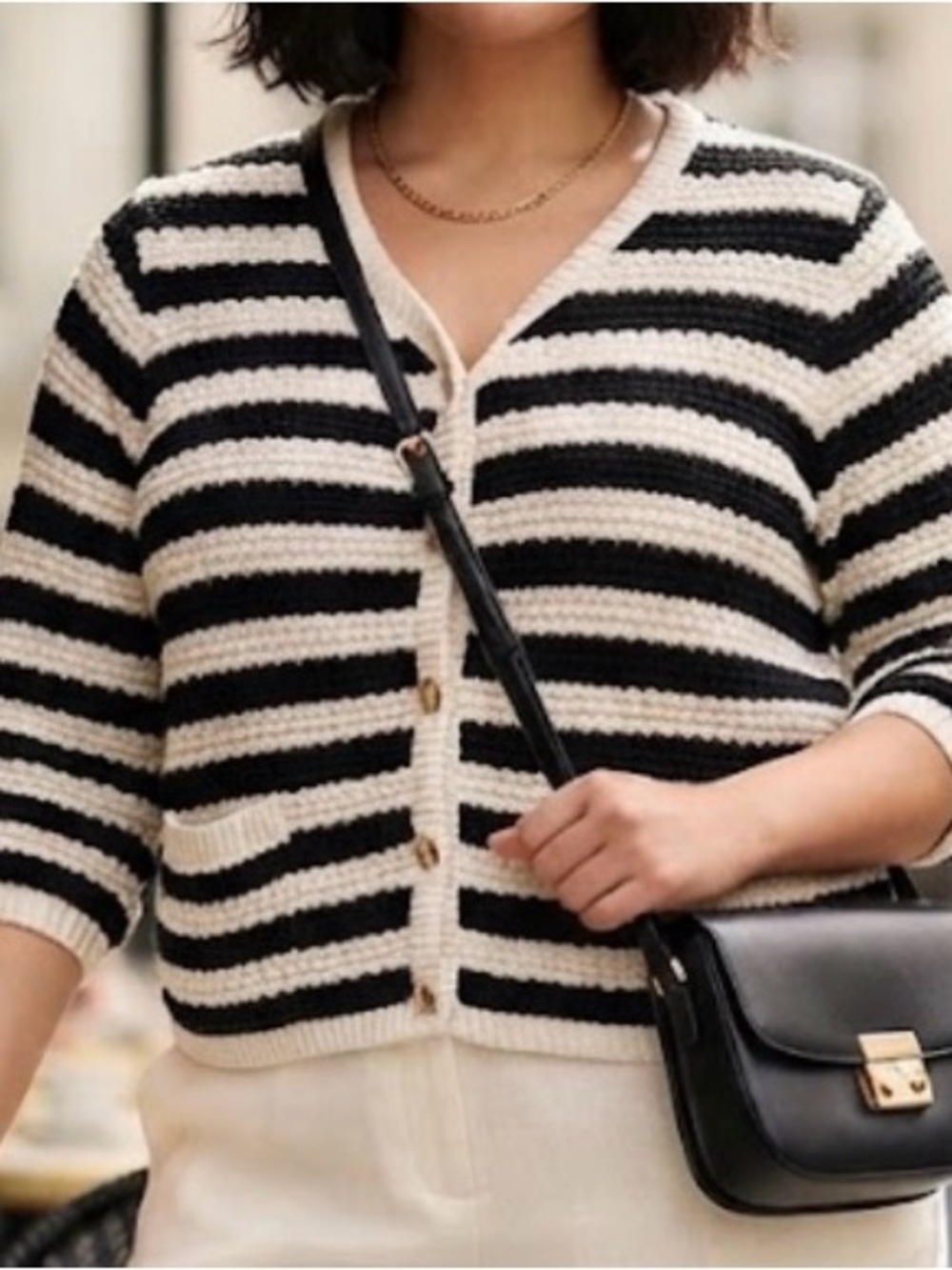 Black White Striped Crochet Knit Short Sleeve Cardigan Sweater 2XL Parisian Chic